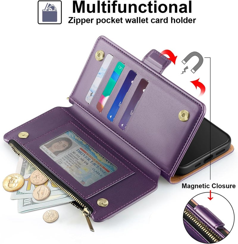 Antsturdy Compatible with iPhone 16 Pro Max Wallet Case,RFID Blocking PU Leather Phone Case Women Men Kickstand flip Cover Wrist Strap Zipper Credit Card Holder Slots for Apple 16 ProMax,Purple - Image 4